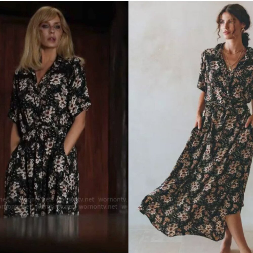 Aura the Label - Black Pink Floral Faux Wrap Etoile Midi Dress